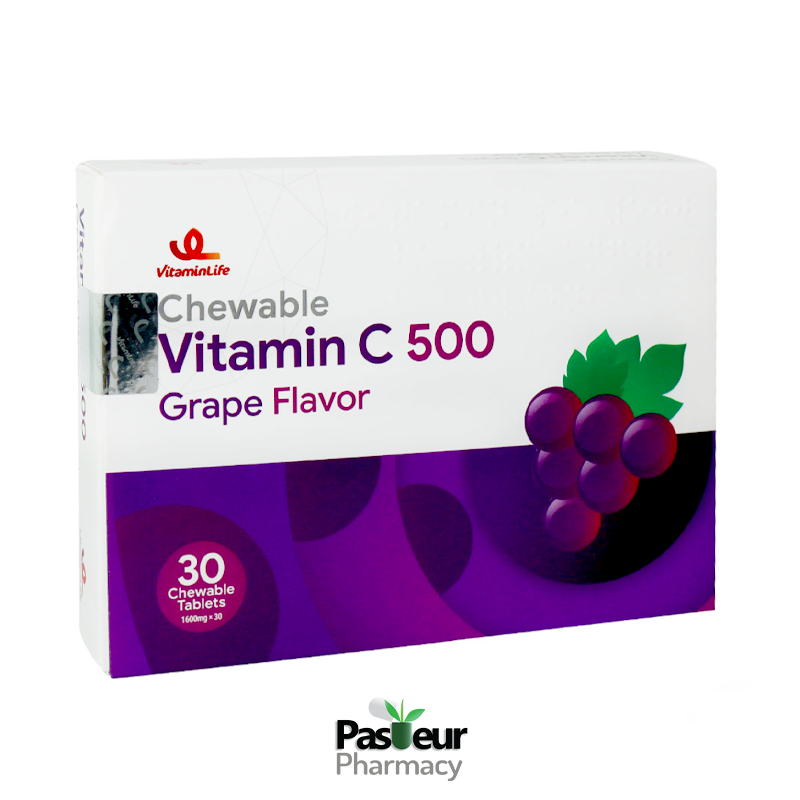 قرص جویدنی ویتامین C 500 ویتامین لایف با طعم انگور سیاه | Vitamin Life Vitamin C 500 Grape Flavor